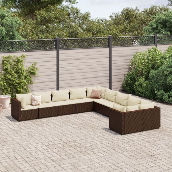 vidaXL Salon de jardin 10 pcs avec coussins marron r&eacute;sine tress&eacute;e