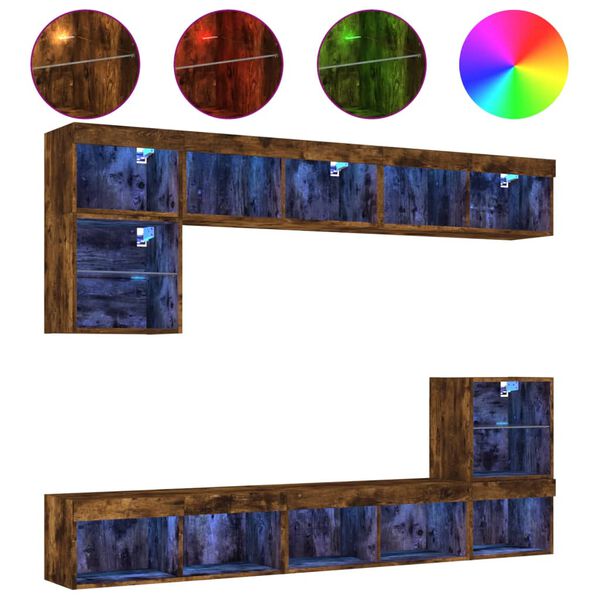 vidaXL Unit&eacute;s murales TV avec LED 8 pcs ch&ecirc;ne fum&eacute; bois d'ing&eacute;nierie