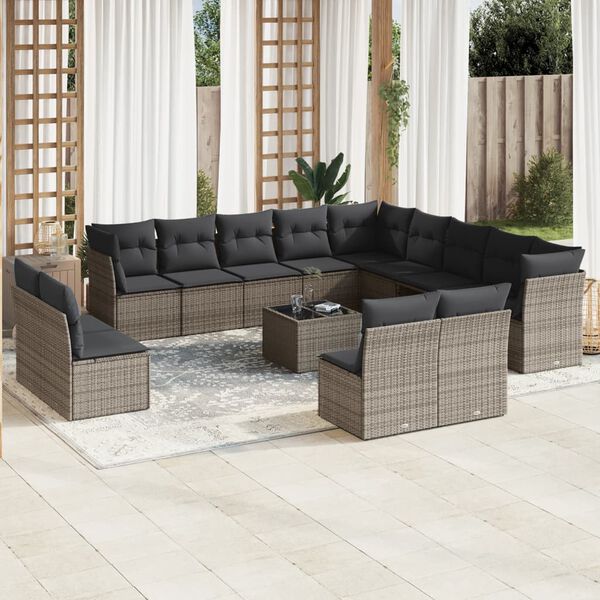 vidaXL Salon de jardin avec coussins 14 pcs gris résine tressée
