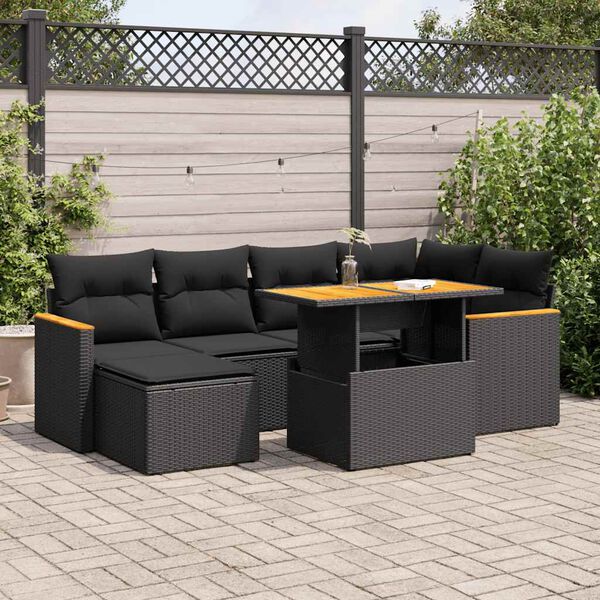 vidaXL Salon de jardin avec coussins 7 pcs noir résine tressée acacia