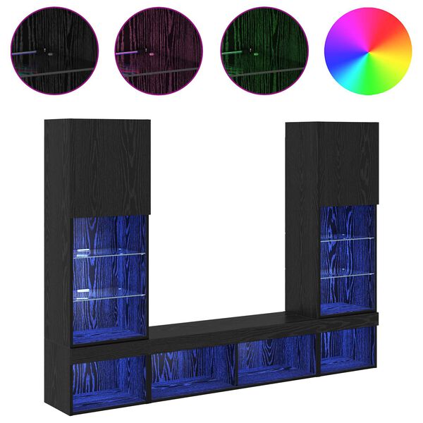 vidaXL Unit&eacute;s murales TV avec LED 5 pcs Ch&ecirc;ne noir Bois d'ing&eacute;nierie