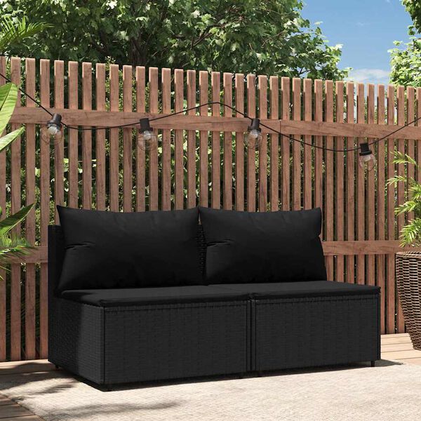 vidaXL Canap&eacute;s centraux de jardin et coussins 2pcs Noir R&eacute;sine tress&eacute;e