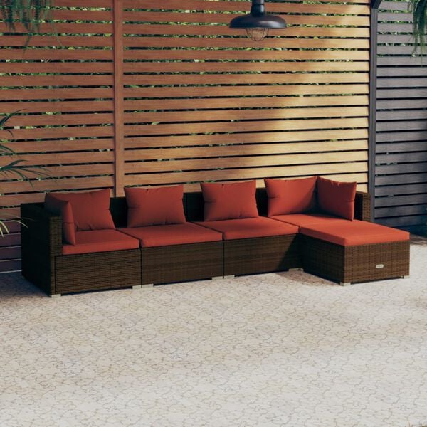 vidaXL Salon de jardin 5 pcs avec coussins r&eacute;sine tress&eacute;e marron