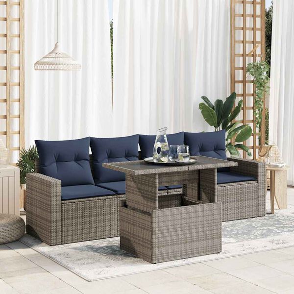 vidaXL Salon de jardin 5 pcs avec coussins gris r&eacute;sine tress&eacute;e acacia