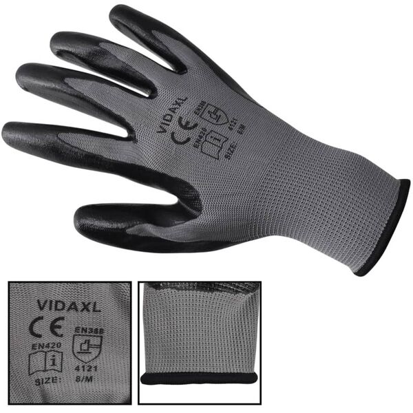 vidaXL Gants de travail Nitrile 24 paires Gris et noir Taille 8/M