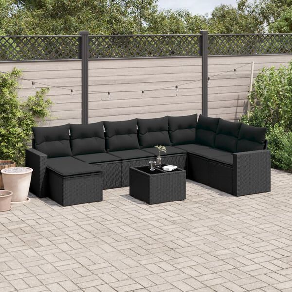 vidaXL Salon de jardin 9 pcs avec coussins noir r&eacute;sine tress&eacute;e