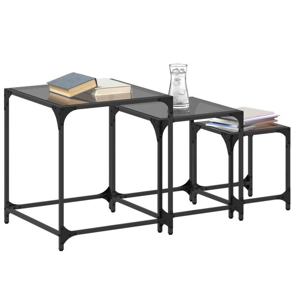 vidaXL Tables basses gigognes 3 pcs dessus en verre noir acier