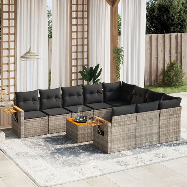 vidaXL Salon de jardin 11 pcs avec coussins gris r&eacute;sine tress&eacute;e
