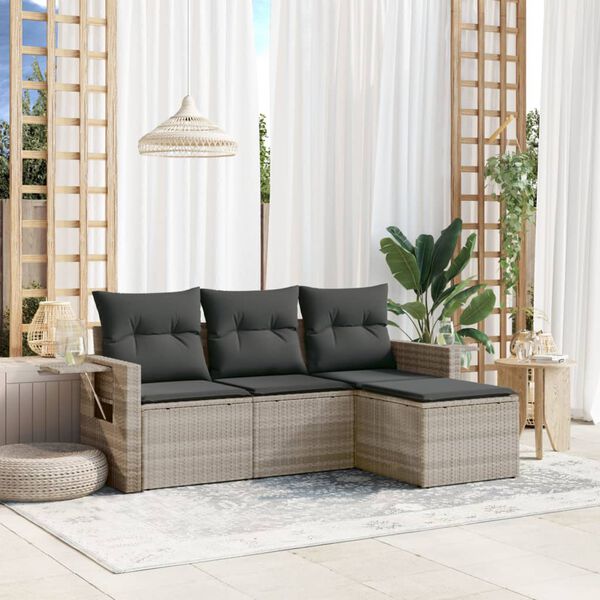 vidaXL Salon de jardin 4 pcs avec coussins gris clair r&eacute;sine tress&eacute;e