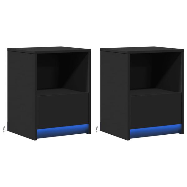 vidaXL Armoires de chevet et lumières LED 2 pcs noir bois d'ingénierie