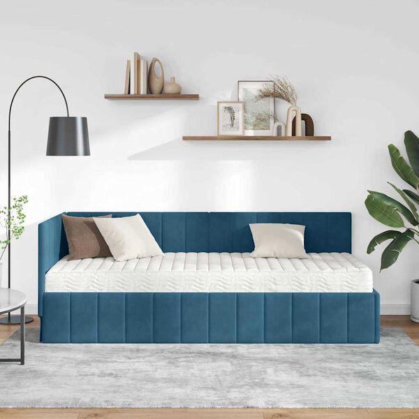 vidaXL Cadre de lit d'angle avec matelas Bleu 80 x 200 cm Velours