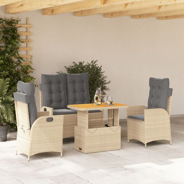 vidaXL Ensemble &agrave; manger de jardin coussins 4 pcs beige r&eacute;sine tress&eacute;e