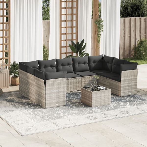 vidaXL Salon de jardin avec coussins 10 pcs gris clair r&eacute;sine tress&eacute;e