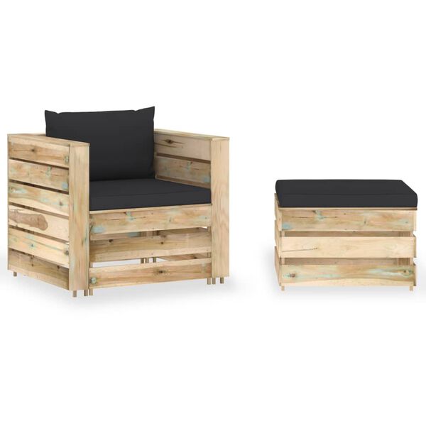 vidaXL Salon de jardin 2 pcs avec coussins Bois impr&eacute;gn&eacute; de vert