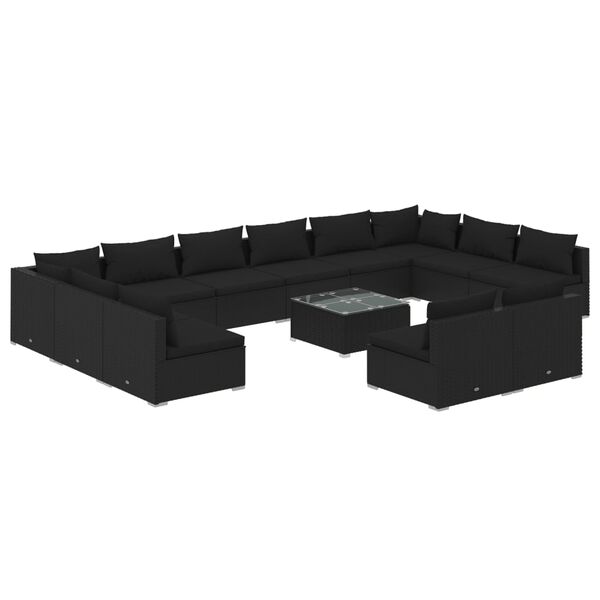 vidaXL Salon de jardin 13 pcs avec coussins Noir R&eacute;sine tress&eacute;e