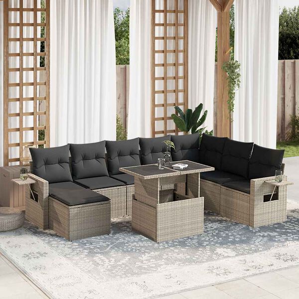 vidaXL Salon de jardin 9 pcs avec coussins gris clair résine tressée