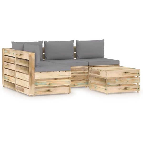 vidaXL Salon de jardin 5 pcs avec coussins Bois impr&eacute;gn&eacute; de vert