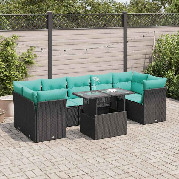 vidaXL Salon de jardin avec coussins 8 pcs noir r&eacute;sine tress&eacute;e acacia