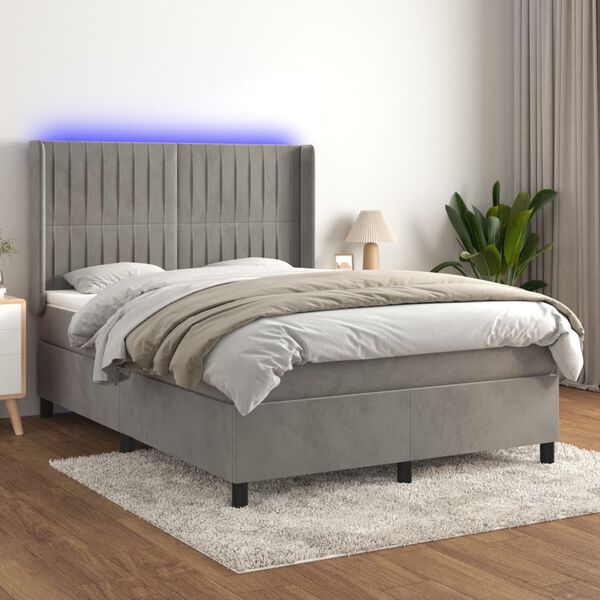vidaXL Sommier &agrave; lattes de lit matelas et LED Gris clair 140x190 cm