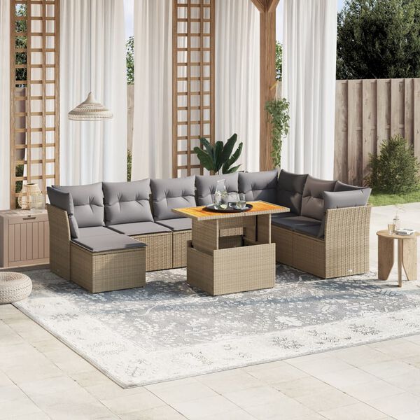 vidaXL Salon de jardin avec coussins 9 pcs beige r&eacute;sine tress&eacute;e
