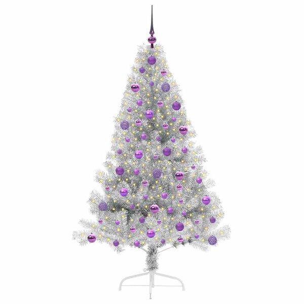 vidaXL Sapin de No&euml;l artificiel pr&eacute;-&eacute;clair&eacute; Argent 180 cm PET