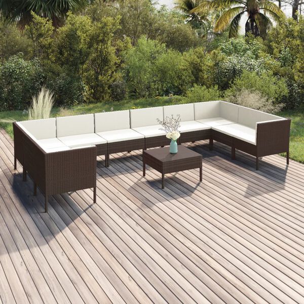 vidaXL Salon de jardin 11 pcs avec coussins R&eacute;sine tress&eacute;e Marron