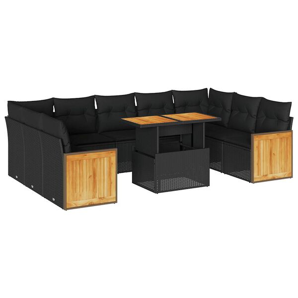vidaXL Salon de jardin 10 pcs avec coussins noir r&eacute;sine tress&eacute;e acacia