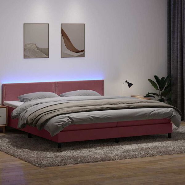 vidaXL Sommier &agrave; lattes de lit avec matelas et LED rose 180x210 cm velours