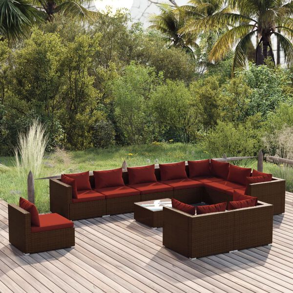 vidaXL Salon de jardin 11 pcs avec coussins R&eacute;sine tress&eacute;e Marron