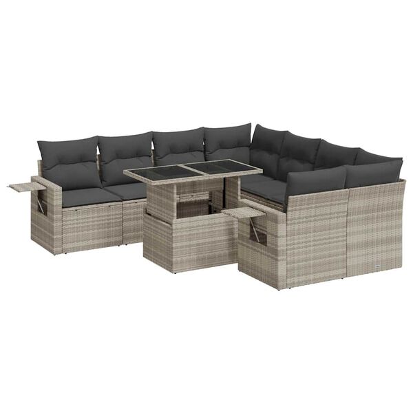 vidaXL Salon de jardin 9 pcs avec coussins gris clair r&eacute;sine tress&eacute;e