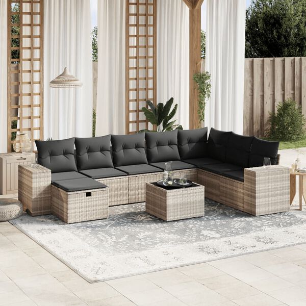 vidaXL Salon de jardin 9 pcs avec coussins gris clair résine tressée