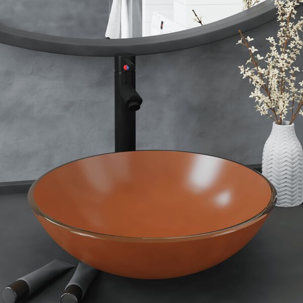 vidaXL Lavabo de bain avec robinet et drain &agrave; poussoir Verre tremp&eacute;