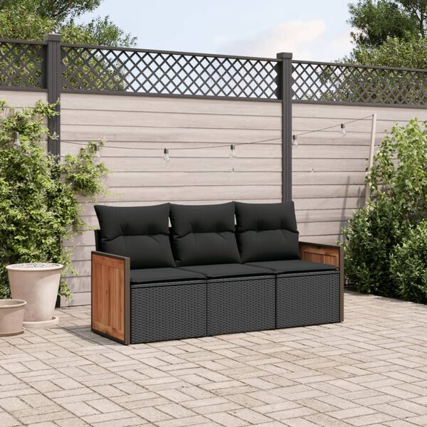 vidaXL Salon de jardin 3 pcs avec coussins noir r&eacute;sine tress&eacute;e