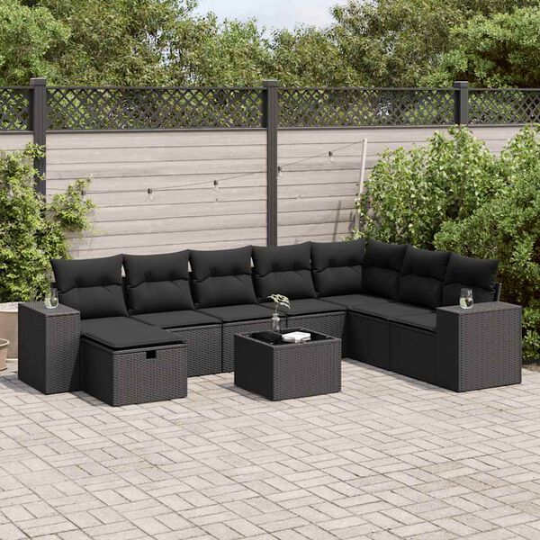vidaXL Salon de jardin 9 pcs avec coussins noir r&eacute;sine tress&eacute;e