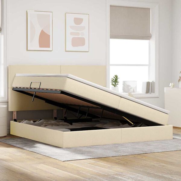 vidaXL Lit avec rangement et LED avec LED Cr&egrave;me 200 x 200 cm Polyester