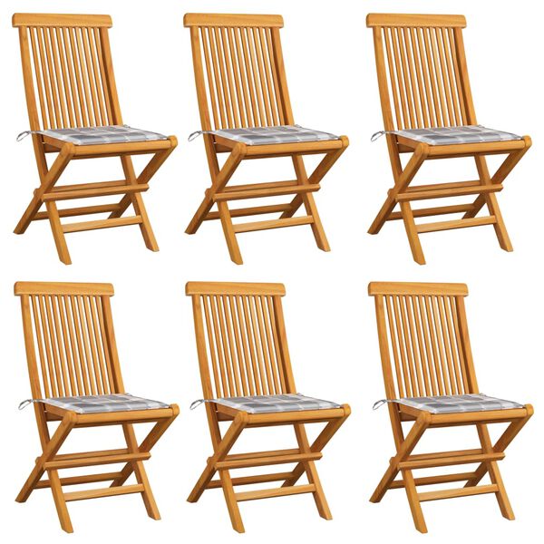 vidaXL Chaises de jardin coussins &agrave; carreaux gris lot de 6 Teck massif