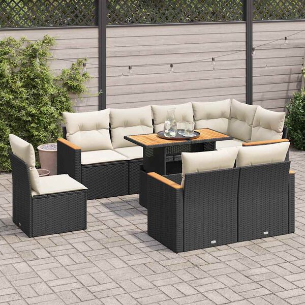 vidaXL Salon de jardin avec coussins 9 pcs noir r&eacute;sine tress&eacute;e acacia