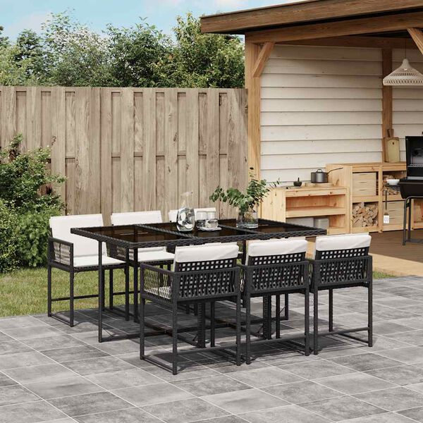 vidaXL Ensemble &agrave; manger de jardin coussins 7pcs Noir R&eacute;sine tress&eacute;e