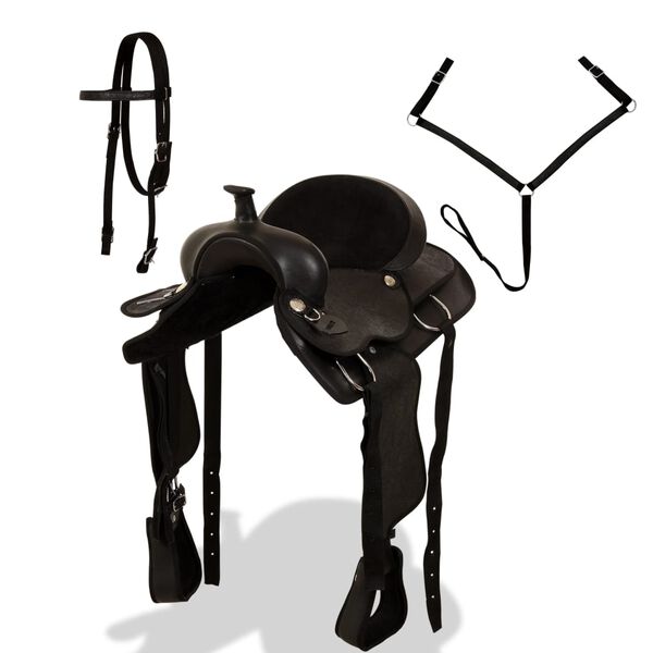 vidaXL Selle, bridon et col de poitrine Cuir v&eacute;ritable 16 po Noir
