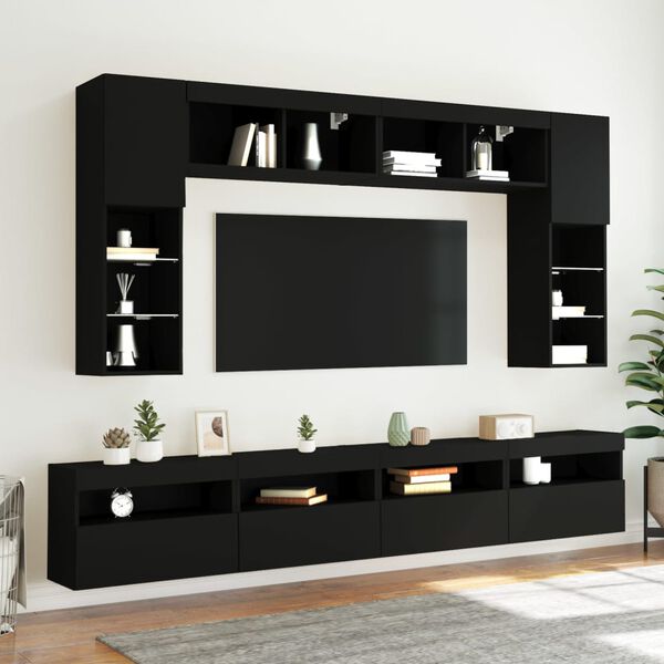 vidaXL Ensemble de meubles TV muraux 8 pcs avec lumi&egrave;res LED noir