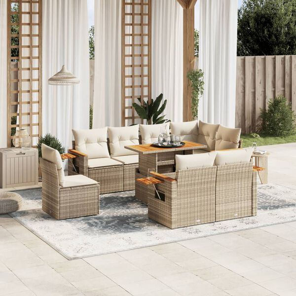 vidaXL Salon de jardin avec coussins 9 pcs beige r&eacute;sine tress&eacute;e