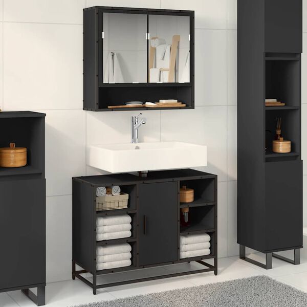 vidaXL Armoire lavabo de salle de bain noir 80x33x60cm bois ing&eacute;nierie