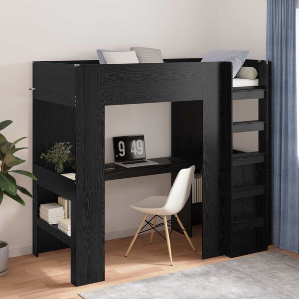 vidaXL Cadre de lit superpos&eacute; avec bureau Ch&ecirc;ne noir 90 x 190 cm