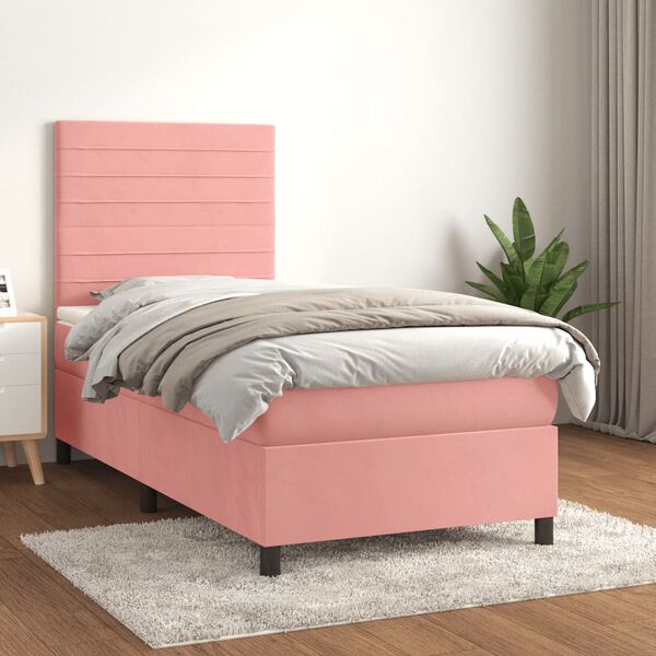 vidaXL Sommier &agrave; lattes de lit avec matelas Rose 90x200 cm Velours