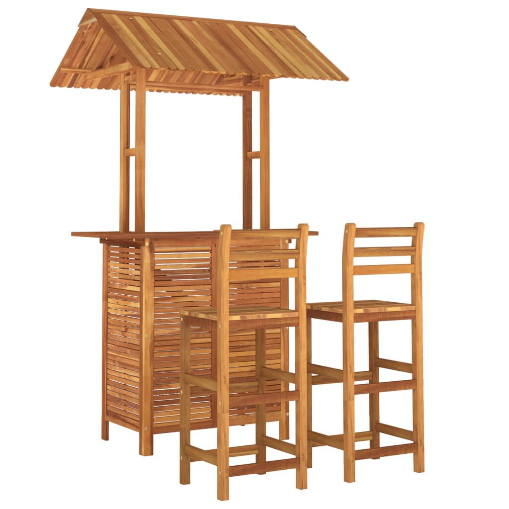 Ensemble Bar De Jardin 3 Pièces En Bois D'acacia Massif - Table Avec Toit + 2 Tabourets Hauts - Pour Terrasse, Patio, Extérieur - 7