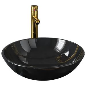 vidaXL Lavabo de bain avec robinet et drain &agrave; poussoir Verre tremp&eacute;