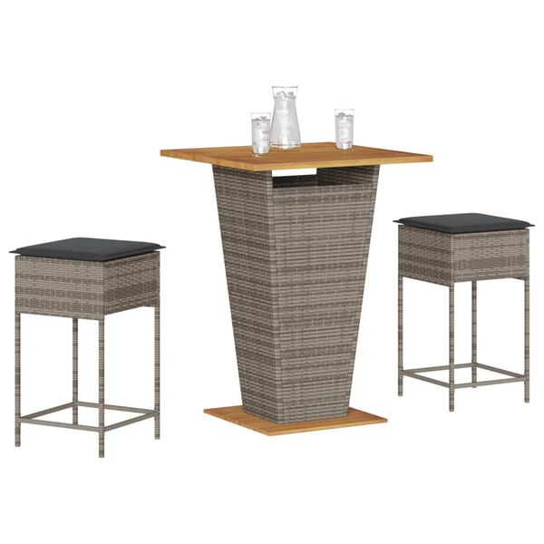 vidaXL Ensemble de bar de jardin 3 pcs et coussins gris r&eacute;sine tress&eacute;e