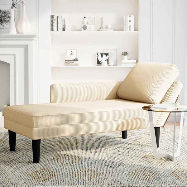 vidaXL Chaise longue avec coussin cr&egrave;me tissu en velours c&ocirc;tel&eacute;