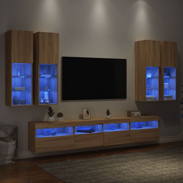 vidaXL Ensemble de meubles TV muraux 7pcs et lumi&egrave;res LED ch&ecirc;ne sonoma