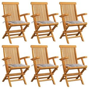 vidaXL Chaises de jardin coussins &agrave; carreaux gris lot de 6 Teck massif